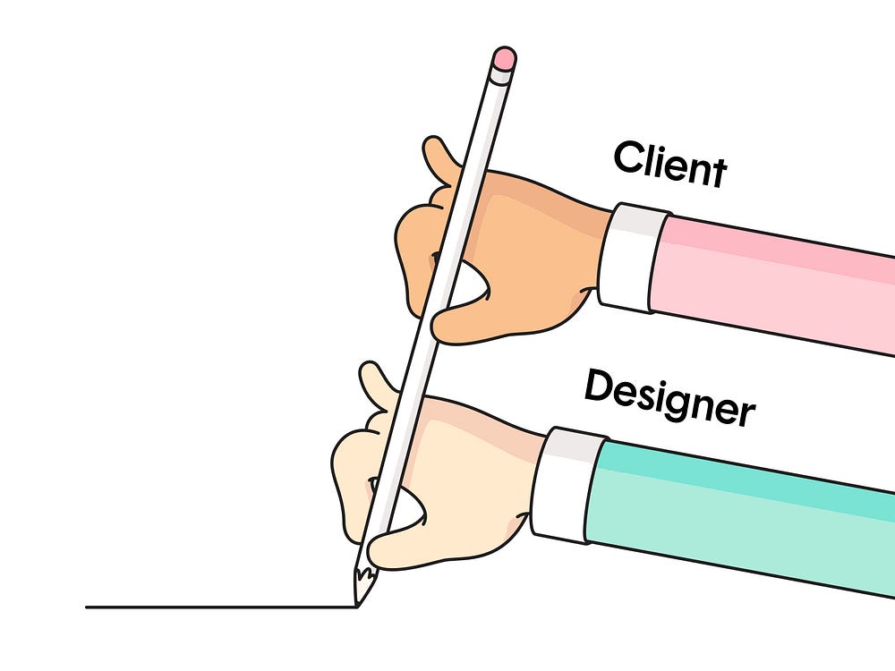 Illustration of client and designer holding a pencil – humorous representation of creative collaboration and design process.