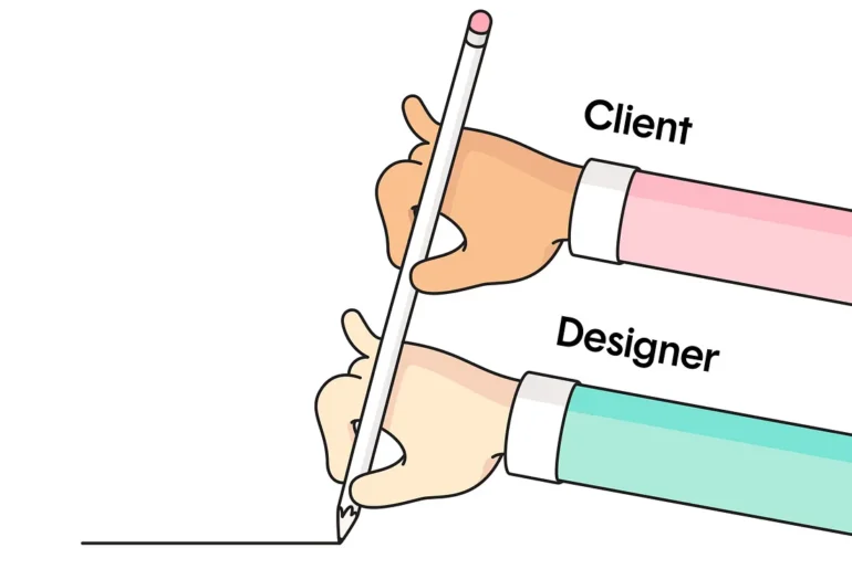 Illustration of client and designer holding a pencil – humorous representation of creative collaboration and design process.